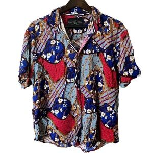 Soul Star England Men's Vibrant Blue and Red Casual Button-Up Shirt Sz XL Floral
